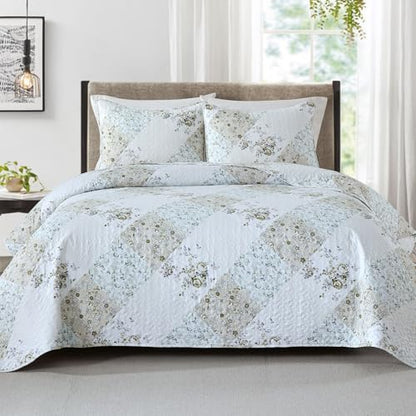 HIARUO Quilt Set Queen Size 3 Pieces Floral Patchwork Comforter Bedspread Boho Plaid Coverlet Reversible Lightweight Farmhouse Bedding with 2 Pillow Covers Shams for All Season, Green Purple