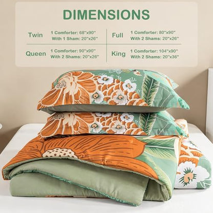Tyrot Sage Green Boho Floral King Comforter Set - 3 Piece Farmhouse Botanical Bedding Comforter Sets for All Season Soft Lightweight Mid Century Bed Set, (1 Reversible Comforter and 2 Pillow Shams
