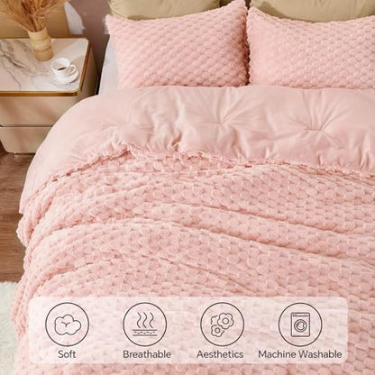BEDELITE Fluffy Queen Comforter Set, Pink Fleece Bed Set 3 Pieces