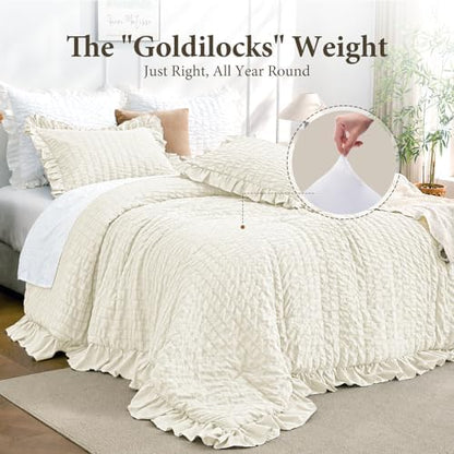 JOLLYVOGUE Ivory Comforter Full Size, 3 Pieces Seersucker Lightweight Full Size Bedding, All Season Fluffy Microfiber Bedding Comforter Set with 1 Ruffle Comforter and 2 Ruffle Pillowshams