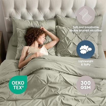 Nestl 9 Piece Queen Comforter Set – Light Sage Pinch Pleated Bed in a Bag – Complete Queen Size Bedding Set with Sheets, Set of 2 Cooling Pillows, Pillowcases and Shams