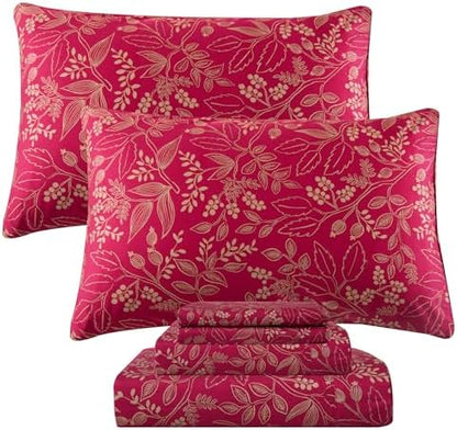 QSH Floral Queen Size Sheet Sets - 100% Egyptian Cotton Sheets Elegant Red Flower Pattern Botanical Printed Bedding Sheets Queen Size Bed Extra Soft and Breathable 4pcs Deep Pockets Bed Sheets