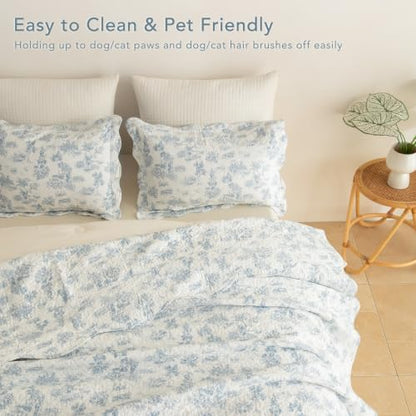 Lady Ann 100% Cotton Oversized King Bedspread 120x120, Light Blue Floral Pattern Printed Quilted Quilt Set with Scalloped Edge, 3 Pcs Extra Large Bed Bedding Set