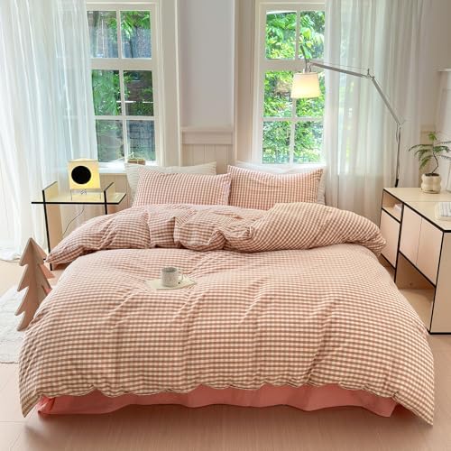LifeTB Pink Gingham Comforter Set Twin XL Modern Style Pink Plaid Comforter Set Soft Fluffy 3 Pieces Grid Checkered Pattern Comforter with 2 Pillowcases Farmhouse Gingham Bedding Set Twin XL