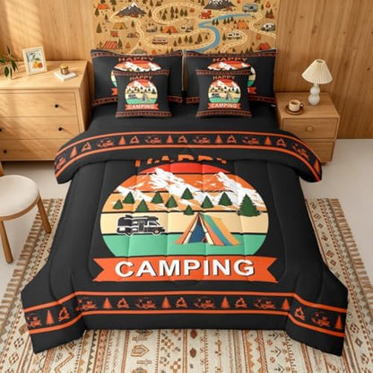 Erosebridal Camper Rv King Size Comforter Set with Sheets Happy Camping Boys 7-Piece Bedding Set Rustic Farmhouse Bed in A Bag Vintage Pine Trees Bed Sets for Kids Teens Youth Men Adult