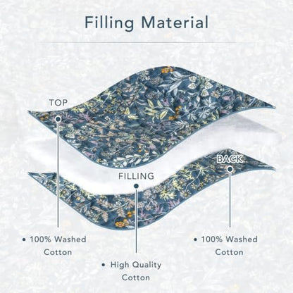 Lady Ann 100% Cotton King Quilt, Navy Blue Floral Botanical Pattern Printed King Bedding Set, 3 Pcs Vintage Lightweight Quilted Coverlet Ultra Soft Bedspread Set for All Season