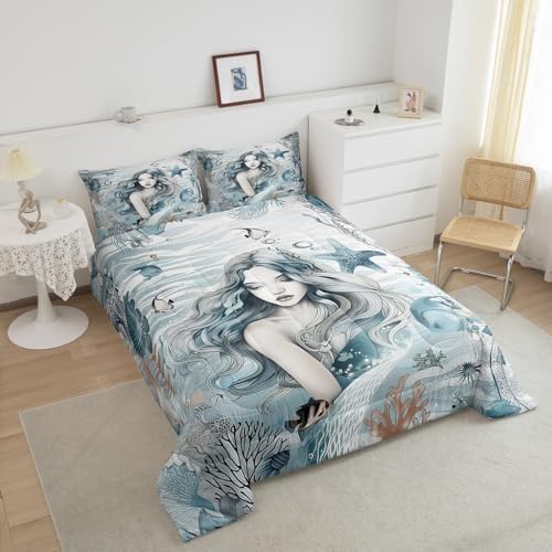Homewish Beauty Mermaid Girl Comforter Set Queen Size,Coral Shell Starfish Bedding Set for Kids Girls Boys Teens Room Decor,Fantasy Sea Life Quilt Set Ocean Blue Vintage Duvet Insert,2 Pillowcases