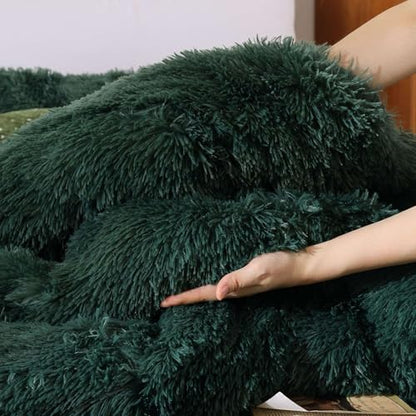 Smoofy Fluffy Full Size Comforter Set, Dark Green Faux Fur Comforter 3 Pcs