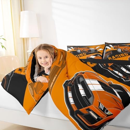 Erosebridal Orange Race Car Bedding Set for Boys Sports Car Comforter Set Queen,Race Car Bedroom Decor for Boys Girls Kids Racing Car Comforter Set Cool Race Cars Gamer Bedding Sets 3Pcs