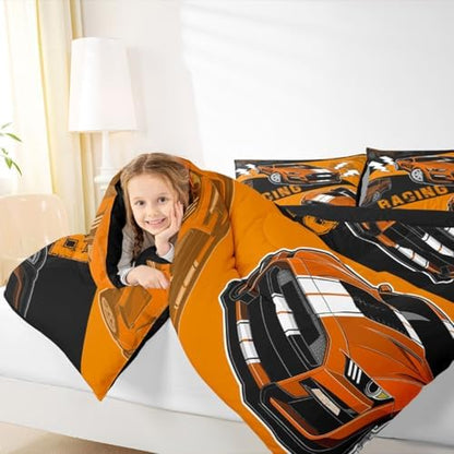 Erosebridal Orange Race Car Bedding Set for Boys Sports Car Comforter Set Queen,Race Car Bedroom Decor for Boys Girls Kids Racing Car Comforter Set Cool Race Cars Gamer Bedding Sets 3Pcs