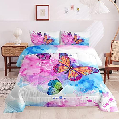 HOSIMA Butterfly Comforter Set for Girls,Pink Butterfly Comforter Twin Size for Girls Kids Women Bedroom Decor,Color Ink and Colorful Butterfly Pattern Twin Bedding Set,Butterfly Bed Set for Girls.