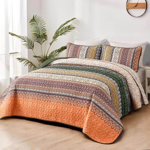 WONGS BEDDING Boho Queen Quilt Set, 3 Pieces Bedspread, Orange Green