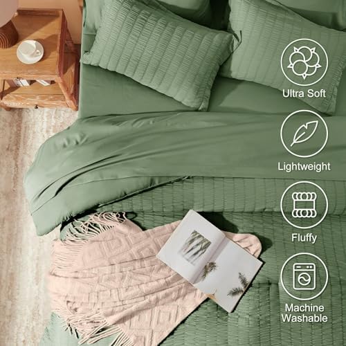 Laojin Balhen Queen Comforter Set 7 Pieces, Olive Green Seersucker Bed in a Bag Set Queen Size, All Season Luxury Bedding Sets with Comforter, Sheets, Pillowcase & Sham