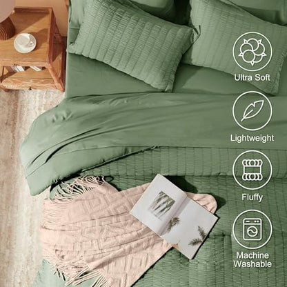 Laojin Balhen King Size Comforter Set 7 Pieces, Olive Green Seersucker Bed in a Bag Set King Size, All Season Luxury Bedding Sets with Comforter, Sheets, Pillowcase & Sham