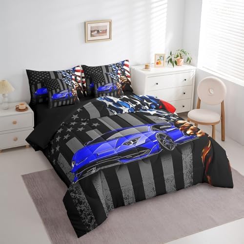 Feelyou Race Car Comforter Set with Sheets Queen Size Kids Speed Sports Car American Flag 7 Pieces Bedding Set for Boys Girls Teens Blue Racing Car Bed in a Bag Extreme Sports Bed Set Automobile