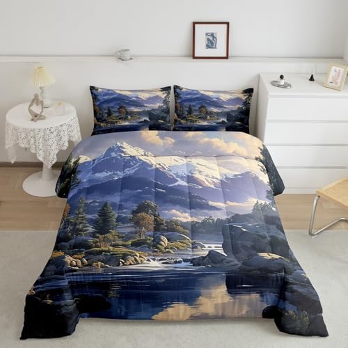Lake House Comforter Set Twin Size,Snowmountain River Nature Scenery Bedding Set for Kids Boys Girls Room Decor,Camping Adventure Quilt Set 2Pcs,Natural Mountain Tree Duvet Insert,1 Pillowcase