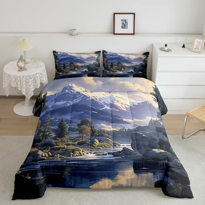 Lake House Comforter Set Twin Size,Snowmountain River Nature Scenery Bedding Set for Kids Boys Girls Room Decor,Camping Adventure Quilt Set 2Pcs,Natural Mountain Tree Duvet Insert,1 Pillowcase