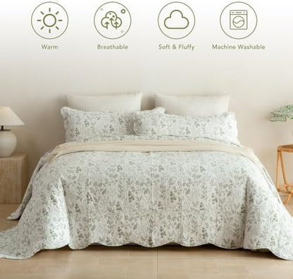 Lady Ann Oversized King Quilt Bedspreads 128x120, 3 Pcs Cotton California King Size Quilted Bedding Set, Cottagecore Green Leaves Pattern Plant Botanical Printed Quilted Coverlet Set