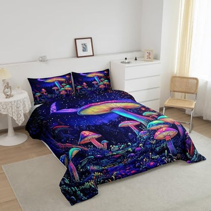 jejeloiu Cute Mushroom Comforter Set Toddler Size Kids Cartoon Mushrooms Bedding Set Boys Girls Kawaii Fungus Decor Duvet Breathable Starry Night Sky Quilt Bedroom Decor,1 Comforter with 1 Pillowcase