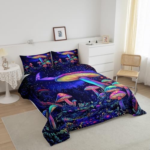 jejeloiu Cute Mushroom Comforter Set Twin Size Kids Cartoon Mushrooms Bedding Set Boys Girls Kawaii Fungus Decor Duvet Breathable Starry Night Sky Quilt Bedroom Decor,1 Comforter with 1 Pillowcase