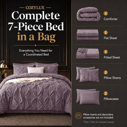 CozyLux King Comforter Set Dusty Purple, 7 Pieces Pintuck Bed in a Bag