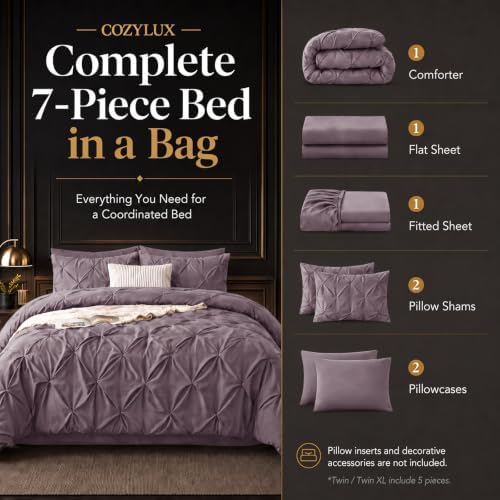 CozyLux Twin XL Comforter Set Dusty Purple, 5 Pieces Pintuck Bed in a Bag