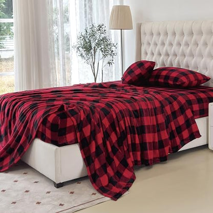 Elegant Comfort Luxuriously Soft 4-Piece Velvet Plush Flannel Sheet Set - Premium Quality - Cozy Warm, Anti-Static, Non Pilling Fuzzy Velvet Flannel Fleece Deep Pocket Sheet Set - King, Buffalo Red