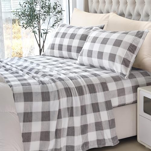Elegant Comfort Luxuriously Soft 4-Piece Velvet Plush Flannel Sheet Set - Premium Quality - Cozy Warm, Anti-Static, Non Pilling Fuzzy Velvet Flannel Fleece Deep Pocket Sheet Set -Twin XL, Buffalo Gray