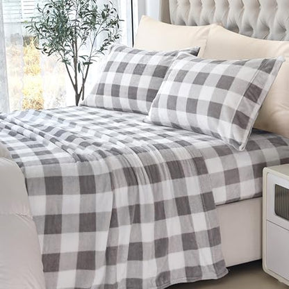 Elegant Comfort Luxuriously Soft 4-Piece Velvet Plush Flannel Sheet Set - Premium Quality - Cozy Warm, Anti-Static, Non Pilling Fuzzy Velvet Flannel Fleece Deep Pocket Sheet Set -Twin XL, Buffalo Gray