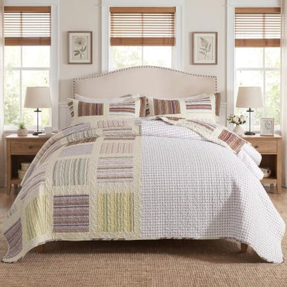 HoneiLife Quilt Sets Queen Size - 3-Piece Microfiber Quilts Lightweight Bedspreads Striped Coverlets Rustic Bed Cover Queen Quilt Bedding Set for All Season Use