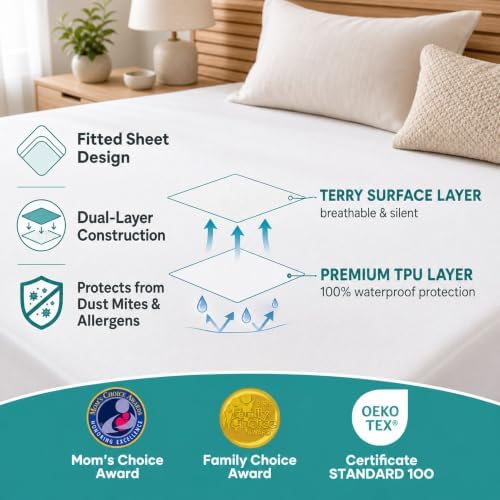 OhGeni Waterproof Mattress Protector, Twin XL Size Mattress Pad Fitted with Deep Pocket 6"-18", Breathable & Soft, Washable Dirt-Proof Mattress Cover for Home, Dorm, College, White, Daybed Cover