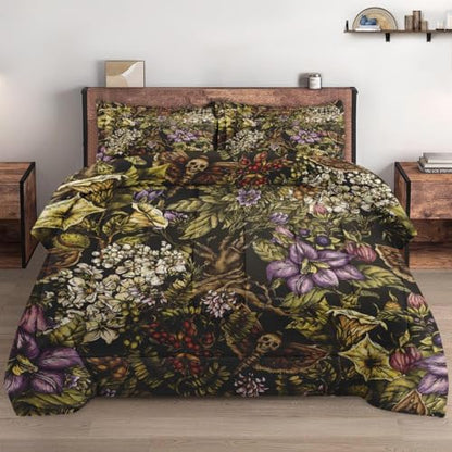 Pamnest Comforter Set Full Size, Vintage Flower Plants Soft 3 Pcs Bedding for Kids and Adults, Skull Moth Witch Comforter Set with 2 Pillowcases, for Bedroom Bed Decor