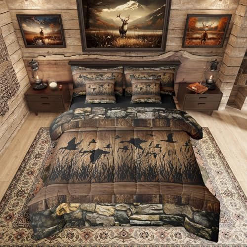 Erosebridal 7 Piece Mallard Duck Hunting Bedding Farmhouse King Comforter Set with Sheets | Rustic Cabin Bed in A Bag for Kids Boys Teen Men,Brown Country Wooden Stone Bed Set Lodge Home Decor