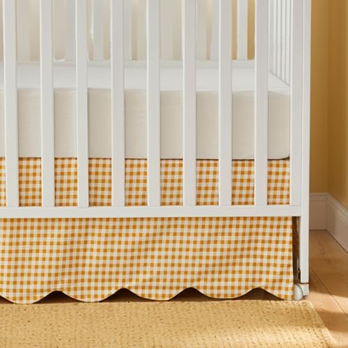 Brandream Scallop Edge Cotton Crib Skirt, Baby Boy, Baby Girl, Gender Neutral Crib Skirt Toddler Bedskirt Farmhouse Chic Nursery Crib Bed Skirt, Boho Bohemian Solid Yellow Gingham