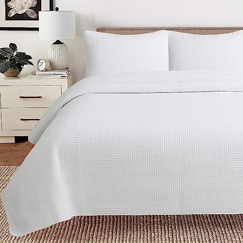 Cozy Line Home Fashions 100% Cotton Square Check Stitch Solid White Quilt Bedding Set, Bedspread Coverlet Lightweight for All Seasons (Maze - White, King - 3 piece)