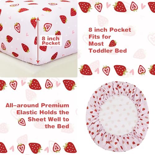 lasoftan Toddler Bedding Set, 4 Piece Bed-in-a-Bag Toddler Bed Comforter Sets for Girls, Toddler Bed Set, Prink Strawberry Printed, Machine Washable