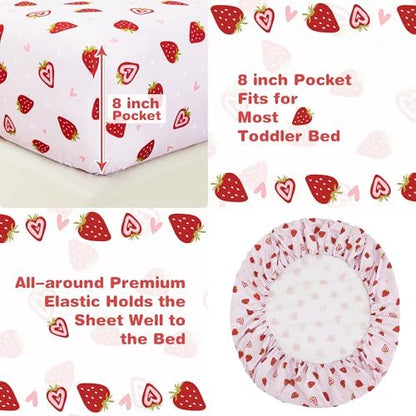 lasoftan Toddler Bedding Set, 4 Piece Bed-in-a-Bag Toddler Bed Comforter Sets for Girls, Toddler Bed Set, Prink Strawberry Printed, Machine Washable