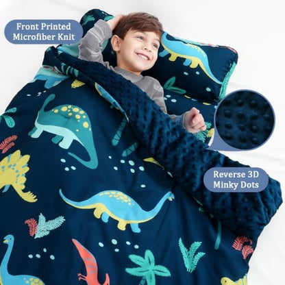 PHF Toddler Nap Mat with Removable Pillow and Minky Blanket, Rollup Design Kids Sleeping Mat, Slumber Bags for Boys, 55"x23" Toddler Sleeping Bag for Daycare Preschool Travel Camping, Dinosaur