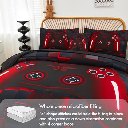 PERFEMET 6-Piece Boys Comforter Set Queen Size Game Console Bedding Set for Kids Teen 3D Black and Red Gamepad Gaming Bed in a Bag Matching Sheet Set(Red, Queen)