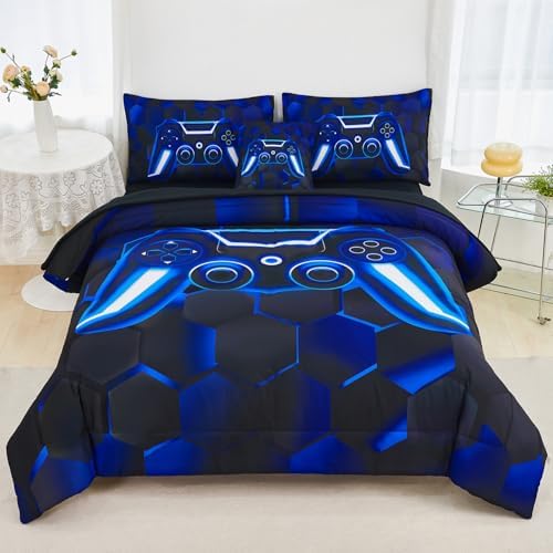 URBONUR Blue Gaming Comforter Set for Boys Twin Size 6 Pieces
