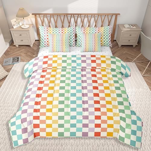 jejeloiu Purple Green Yellow Bedding Set 7Pcs Queen Size Kids Buffalo Plaid Comforter Set with Sheets for Boys Girls Checkered Grid Bed in a Bag Soft Lightweight,Microfiber