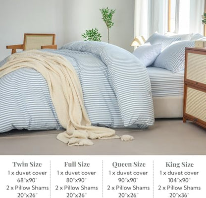 Striped Duvet Cover Set Queen Size 3 Pcs 100% Washed Cotton Linen Like Textured Natural Wrinkle Comfy Breathable (Queen, Classic Stripe-Light Blue/White)