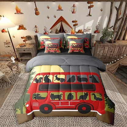 Erosebridal Kids Camping 7 Piece Comforter Set King Bed in a Bag,Cartoon Camper Bedding for Kids Girls Boys,Camping Trip Sheet Set,Kawaii Giraffe Wolf Animals Silhouette Red Rv Car Quilt