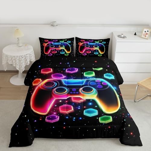 Game Consoles Kids Boys Reversible Comforter Set Full Size,Gaming Bedding Sets Galaxy 3D Neon Honeycomb Video Games Polyester Quilt Set Gamer Room Decor Gifts,2 Pillowcases (Red Green Blue)