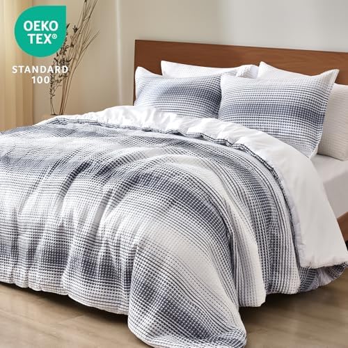 PHF Yarn Dyed Waffle Comforter Set 3 Pieces King, White and Navy Blue