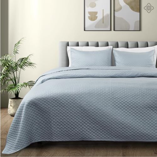 BIOWEAVES 100% Organic Cotton Quilts Queen Size - Diamond Stitched Quilted bedspreads - All Season Oversized Coverlet Set - GOTS Certified Bedding Set | 1 Quilt & 2 Pillow Shams