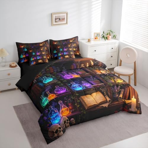 Erosebridal Retro Bookshelf Skull 7 Piece Bedding Set King Gothic Library Book Comforter Set with Sheets Retro Wizard Potion Bed in a Bag Halloween Plants Bed Sets Comforter