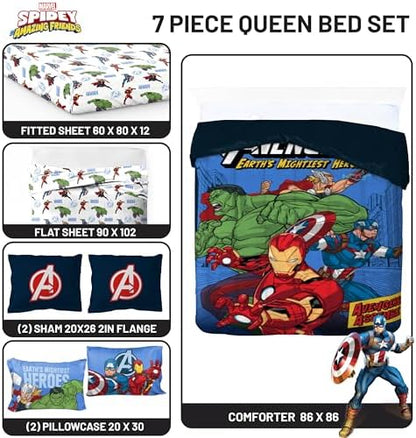Jay Franco Kids Bed Set, Blue, Avengers, 7 Piece Queen