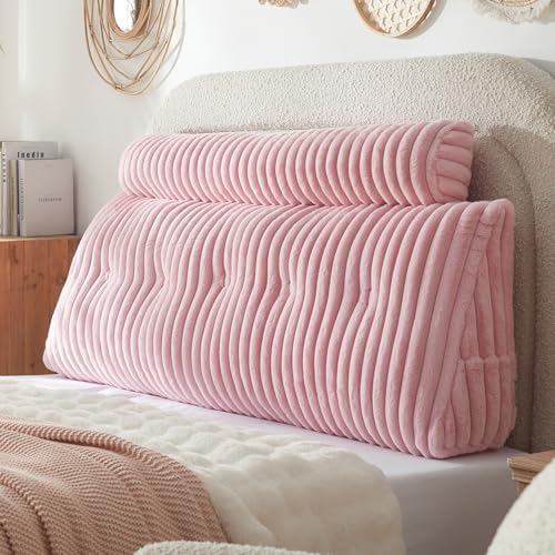 Headboard Pillow + A Long Neck Roll Pillow Body Pillow，Faux Fur Headboard Wedge Pillow with Removable Cover (Pink, Full：54x8x20 inches)