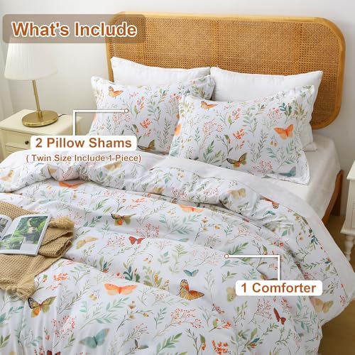 Mooreeke Floral Full Size Comforter Sets, Butterfly and Botanical Patterned Bedding for All Seasons, 3-Piece Vintage Bed in a Bag with Fluffy Quilted Reversible Comforter & 2 Pillow Shams